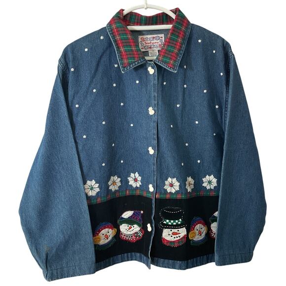 Vtg Tantrums Embroidered Christmas Denim Shirt Applique Snowmen Sz M - Picture 1 of 7